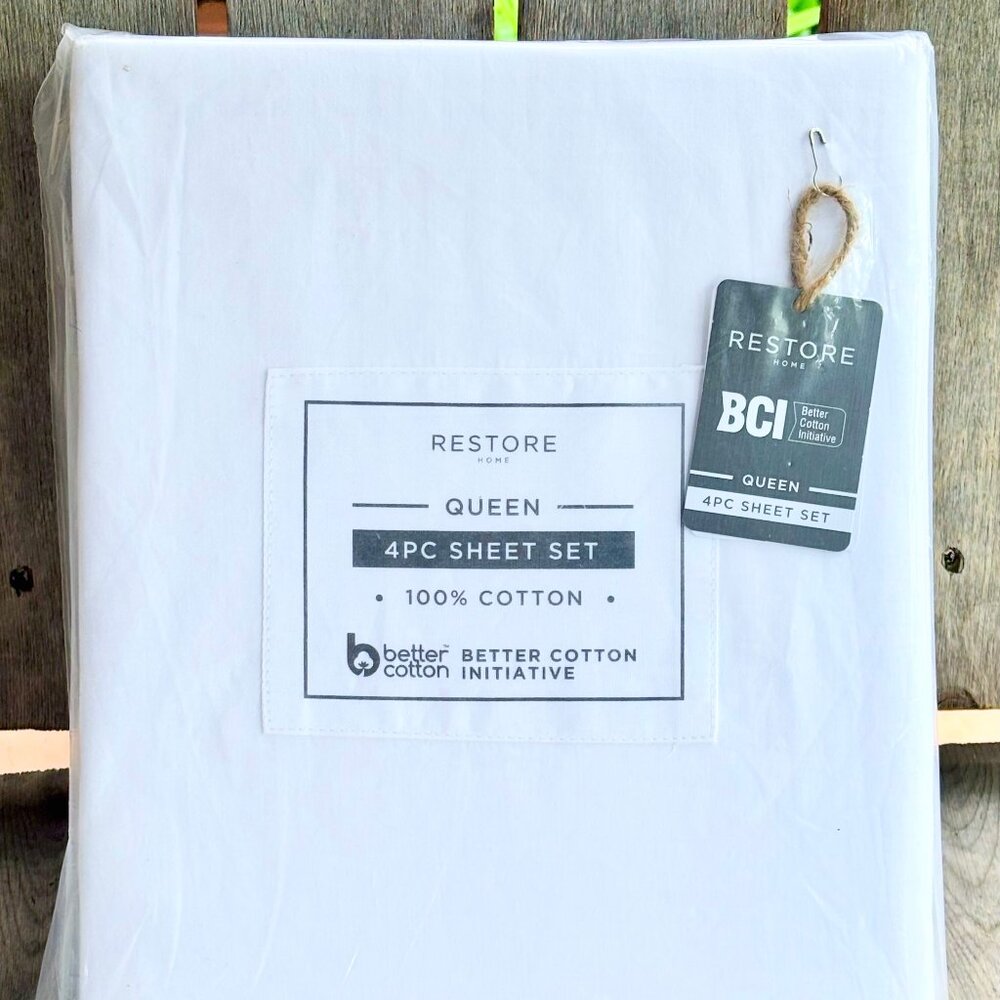 Restore Home 100% Cotton Percale QUEEN Size Sheet Set   SOLID BRIGHT WHITE